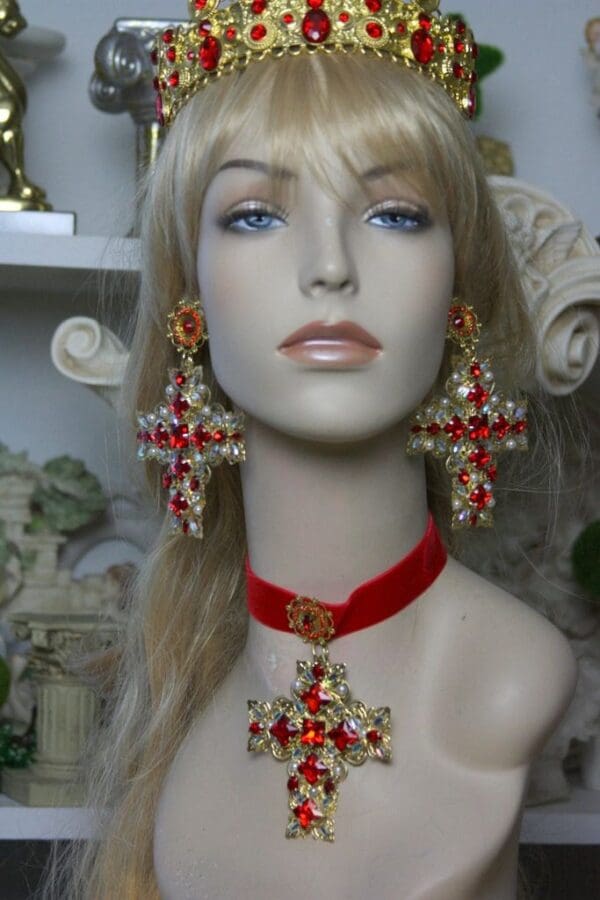 SOLD! 1466 Alta Moda Fall 2016 Baroque Massive Filigree Cross Velvet Choker - Image 3