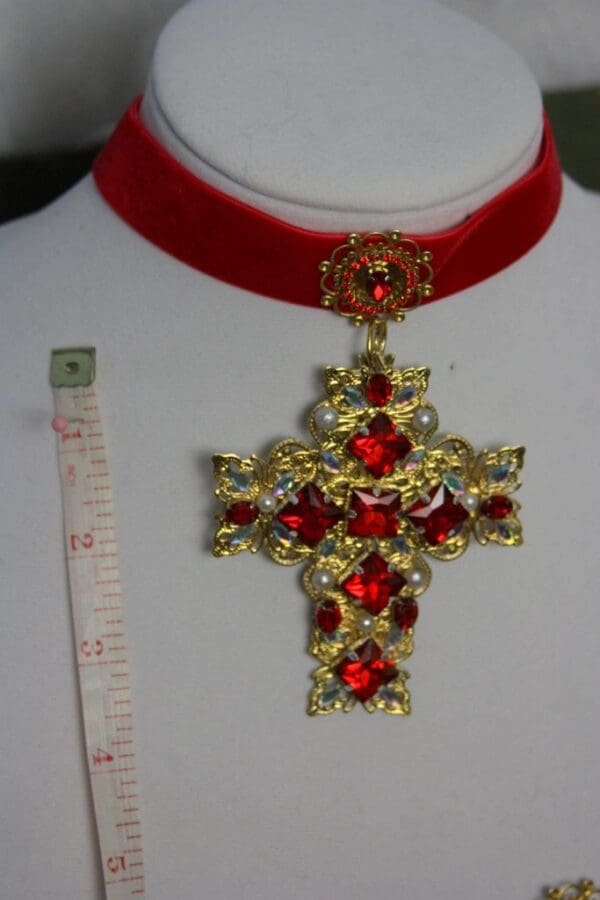 SOLD! 1466 Alta Moda Fall 2016 Baroque Massive Filigree Cross Velvet Choker - Image 5