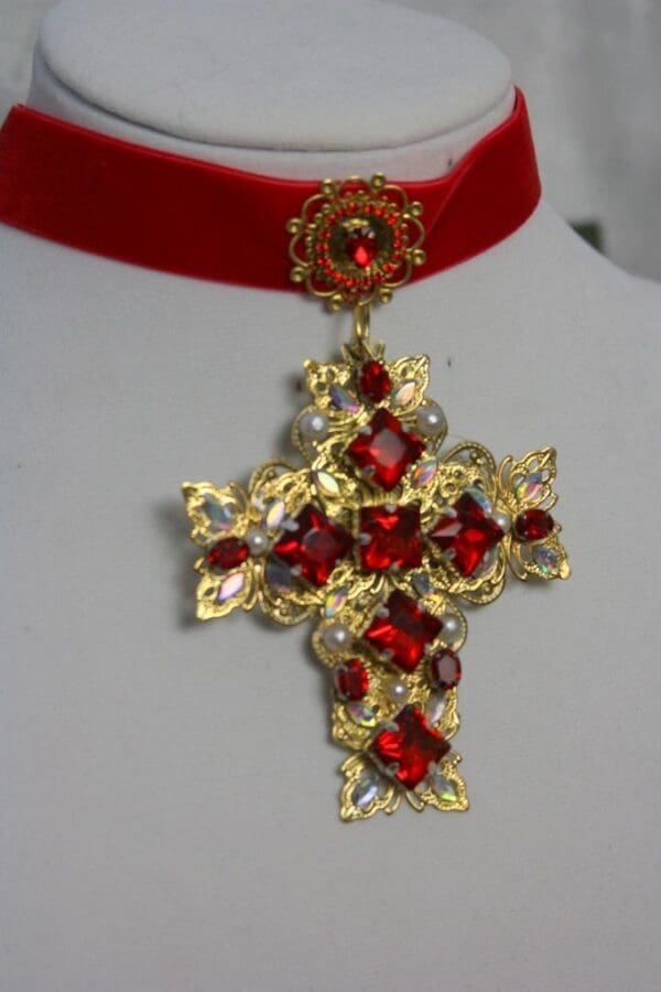 SOLD! 1466 Alta Moda Fall 2016 Baroque Massive Filigree Cross Velvet Choker - Image 7