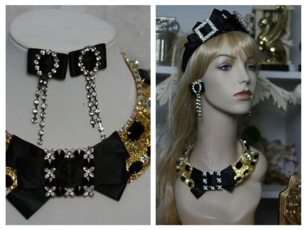 SOLD! 1468 Fall 2016 Leopold Baroque Crystal Black Bow Filigree Necklace SET