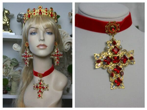 SOLD! 1466 Alta Moda Fall 2016 Baroque Massive Filigree Cross Velvet Choker