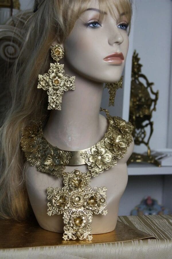 SOLD! 1475 Total Baroque Gold Filigree Huge Cross Necklace SET - Image 9