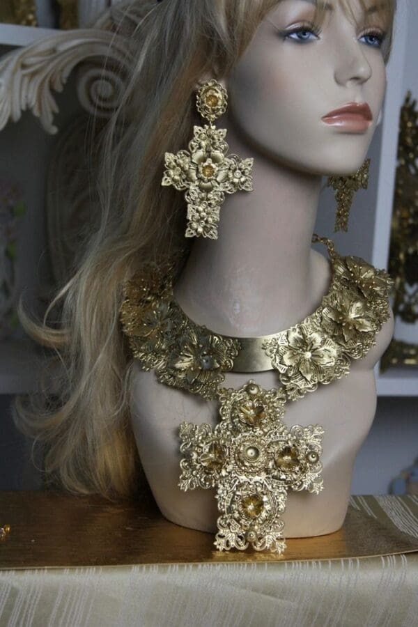 SOLD! 1475 Total Baroque Gold Filigree Huge Cross Necklace SET - Image 2