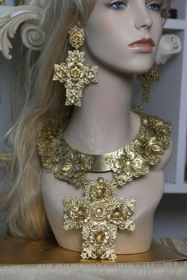 SOLD! 1475 Total Baroque Gold Filigree Huge Cross Necklace SET - Image 3