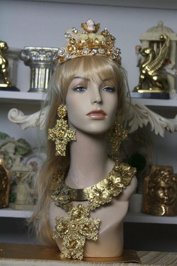 SOLD! 1475 Total Baroque Gold Filigree Huge Cross Necklace SET - Image 4