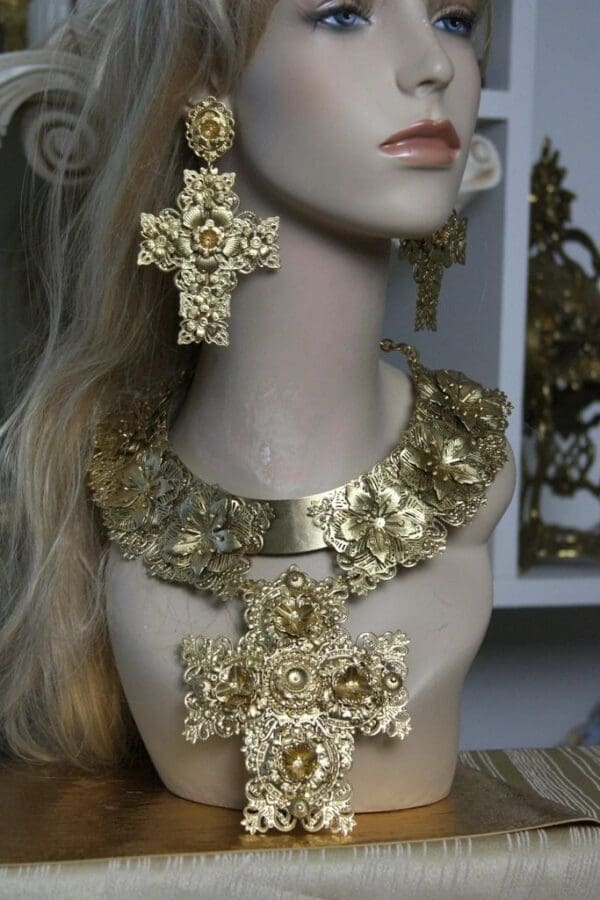 SOLD! 1475 Total Baroque Gold Filigree Huge Cross Necklace SET - Image 5