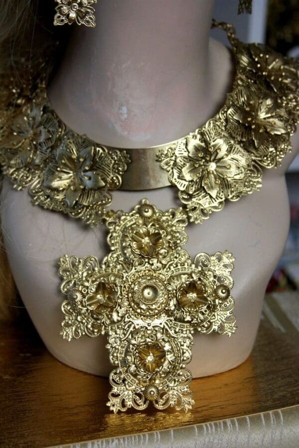 SOLD! 1475 Total Baroque Gold Filigree Huge Cross Necklace SET - Image 6