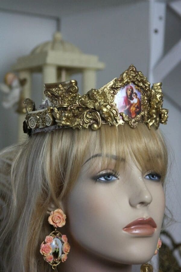 SOLD! 1491 Baroque Designer Inspired Spring 2016 Virgin Mary Antique Illusion Crown Headband - Image 6