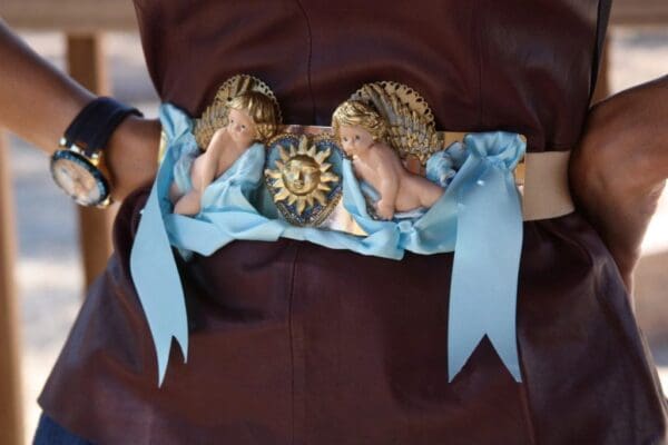 SOLD! 1494 Baroque Vivid Hand Made Cherubs Sun Blue Ribbon Wide Waist Belt - Image 2