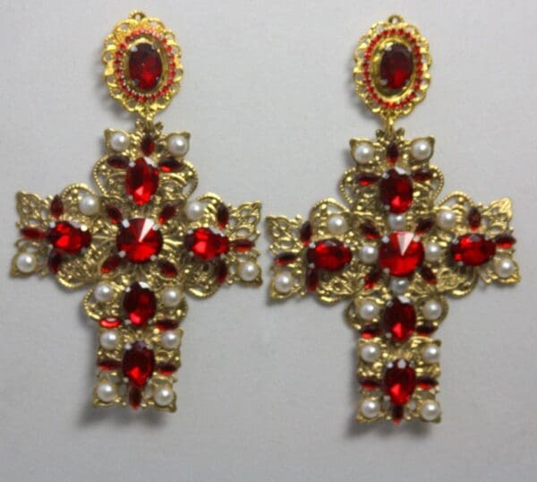 SOLD! 1495 Alta Moda Fall 2016 Baroque Huge Filigree Red Crystal Cross Studs - Image 7