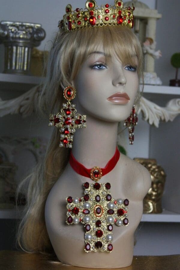 SOLD! 1495 Alta Moda Fall 2016 Baroque Huge Filigree Red Crystal Cross Studs - Image 6
