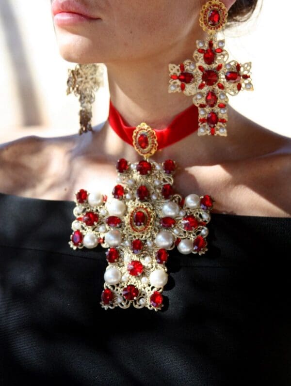 SOLD! 1495 Alta Moda Fall 2016 Baroque Huge Filigree Red Crystal Cross Studs - Image 3
