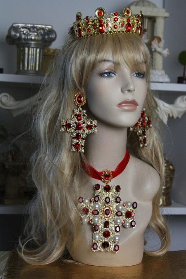 SOLD! 1495 Alta Moda Fall 2016 Baroque Huge Filigree Red Crystal Cross Studs - Image 5