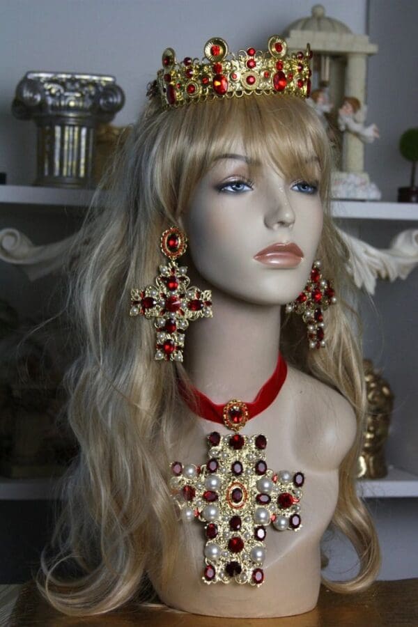 SOLD! 1495 Alta Moda Fall 2016 Baroque Huge Filigree Red Crystal Cross Studs - Image 4