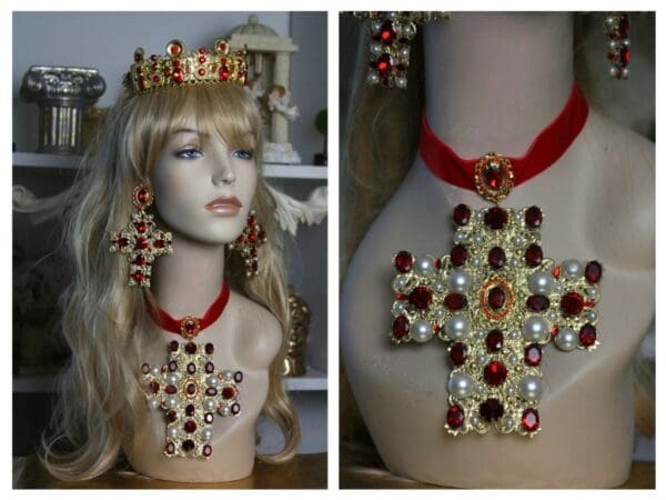 SOLD! 1496 Alta Moda Fall 2016 Baroque Huge Cross Velvet Red Crystal Choker