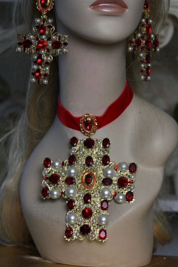 SOLD! 1496 Alta Moda Fall 2016 Baroque Huge Cross Velvet Red Crystal Choker - Image 6