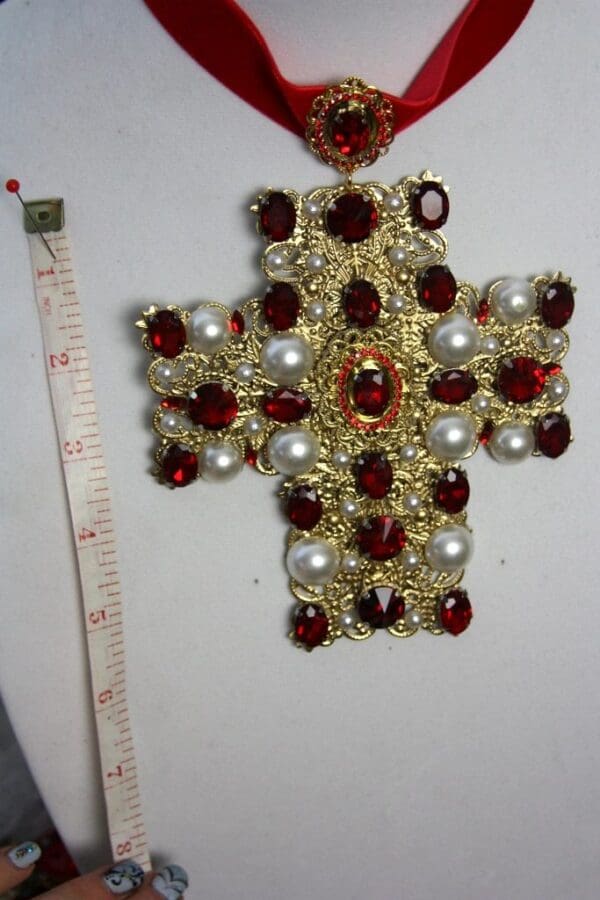 SOLD! 1496 Alta Moda Fall 2016 Baroque Huge Cross Velvet Red Crystal Choker - Image 8