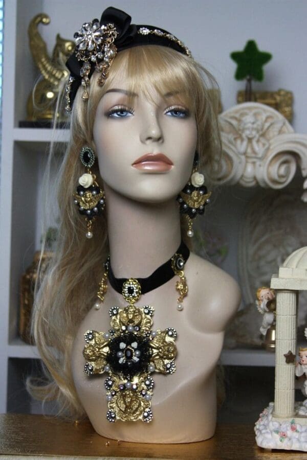 SOLD! 1497 Total Baroque Huge Cherub Black Lace Cross Choker - Image 5