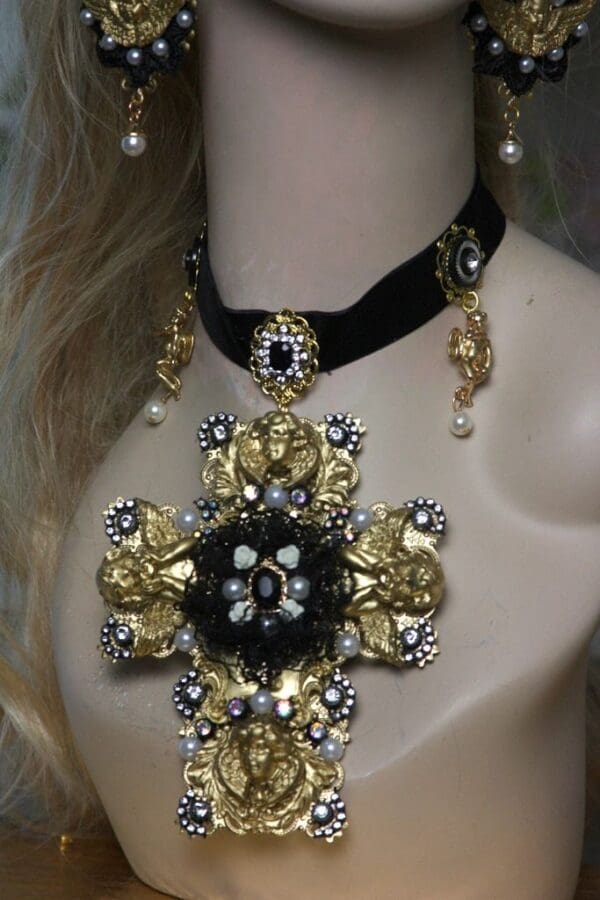 SOLD! 1497 Total Baroque Huge Cherub Black Lace Cross Choker - Image 6