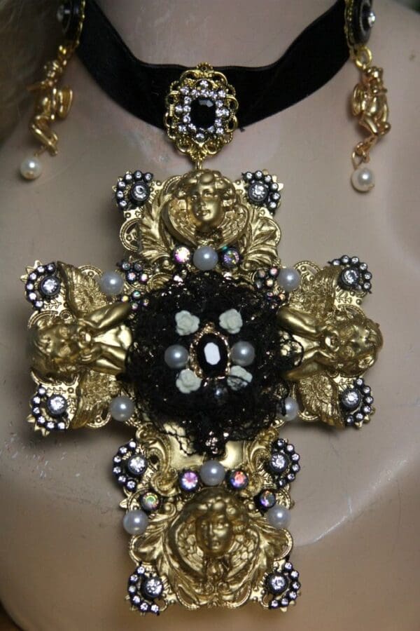 SOLD! 1497 Total Baroque Huge Cherub Black Lace Cross Choker - Image 7