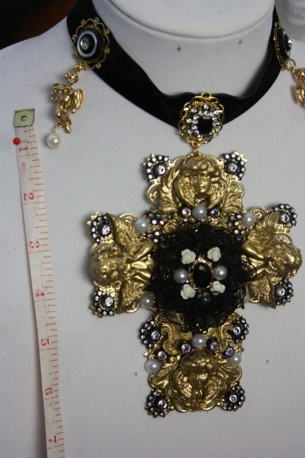 SOLD! 1497 Total Baroque Huge Cherub Black Lace Cross Choker - Image 8