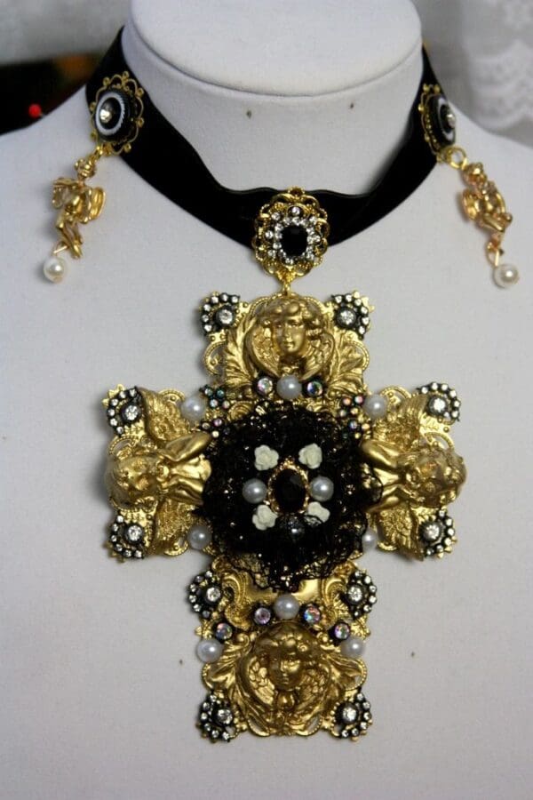 SOLD! 1497 Total Baroque Huge Cherub Black Lace Cross Choker - Image 9