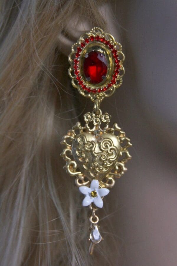SOLD! 1504 Baroque Red Crystal Heart Flower Studs Earrings - Image 2
