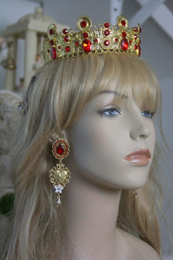 SOLD! 1504 Baroque Red Crystal Heart Flower Studs Earrings - Image 6