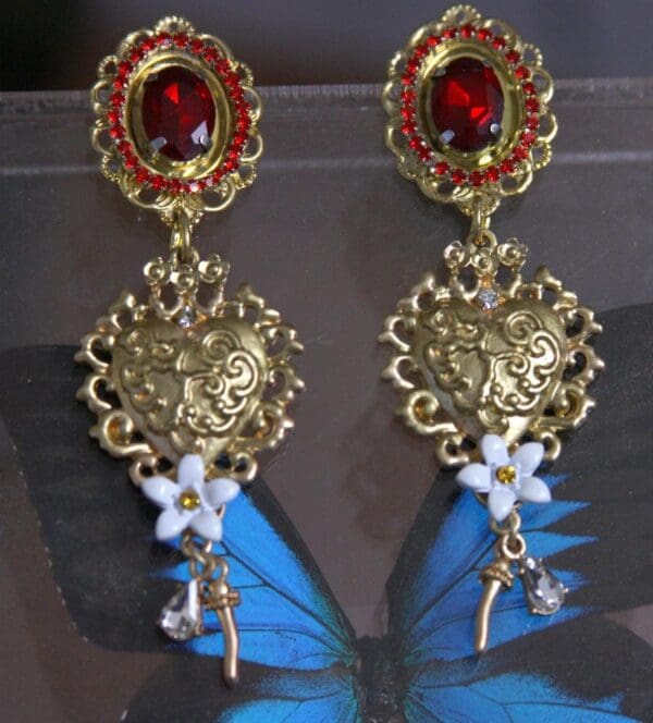 SOLD! 1504 Baroque Red Crystal Heart Flower Studs Earrings - Image 4