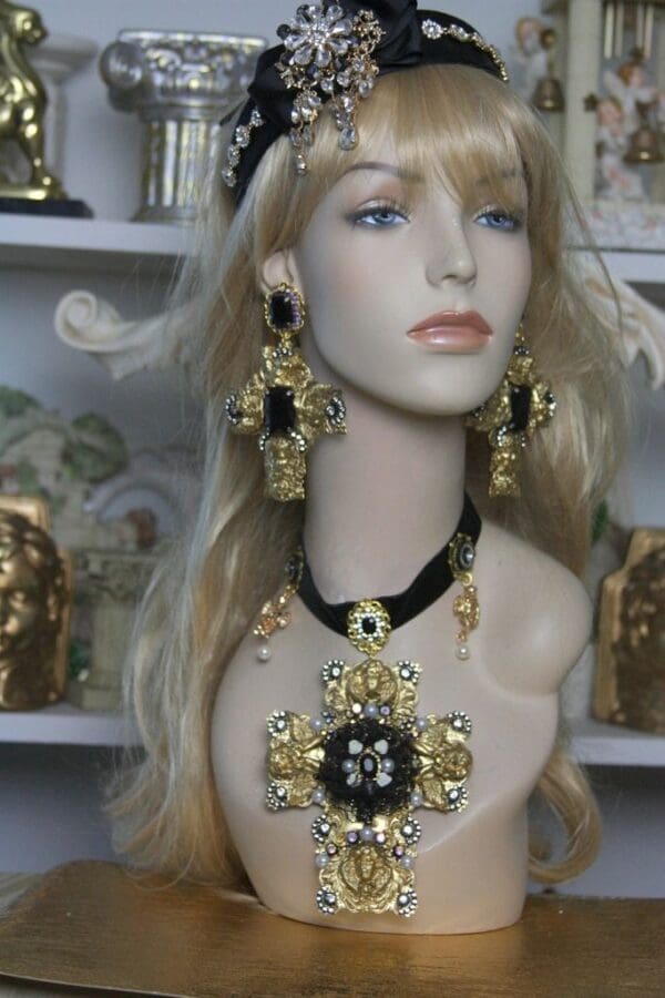 SOLD! 1505 Alta Moda 2016 Huge Filigree Cross Cherub Crystal Earrings Studs - Image 2
