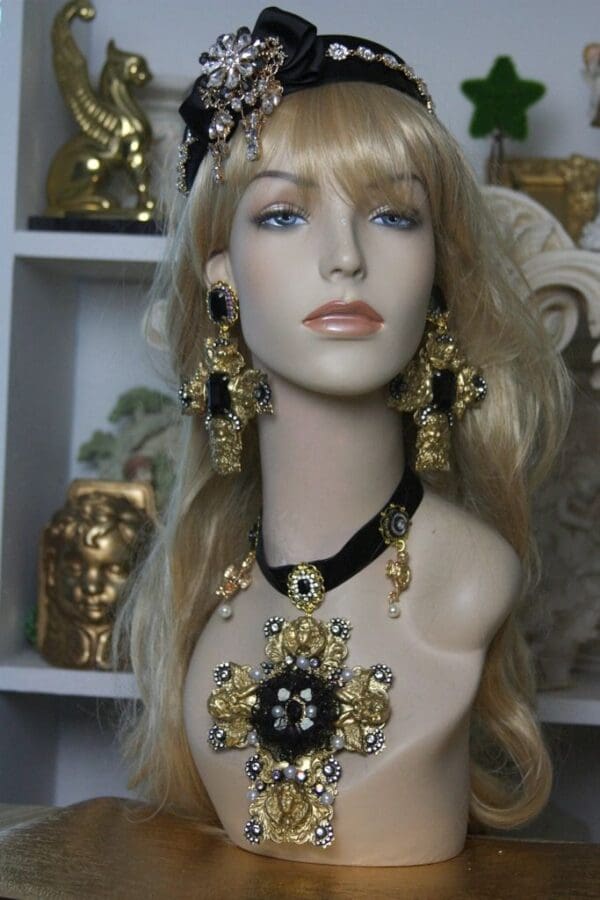 SOLD! 1505 Alta Moda 2016 Huge Filigree Cross Cherub Crystal Earrings Studs - Image 7