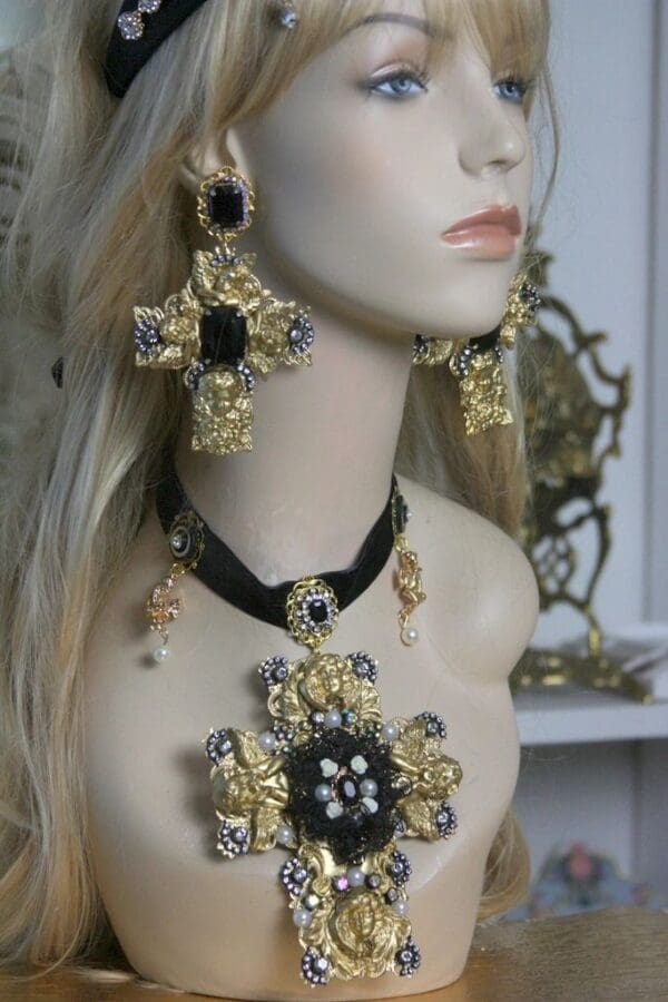 SOLD! 1505 Alta Moda 2016 Huge Filigree Cross Cherub Crystal Earrings Studs - Image 3