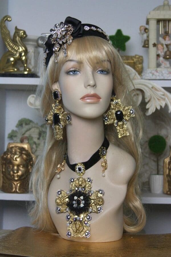 SOLD! 1505 Alta Moda 2016 Huge Filigree Cross Cherub Crystal Earrings Studs - Image 6