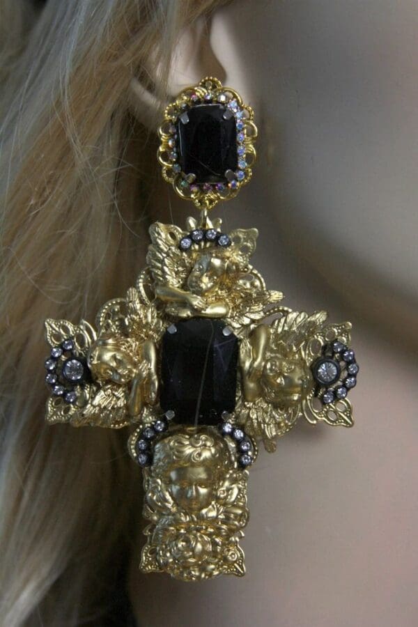 SOLD! 1505 Alta Moda 2016 Huge Filigree Cross Cherub Crystal Earrings Studs - Image 4