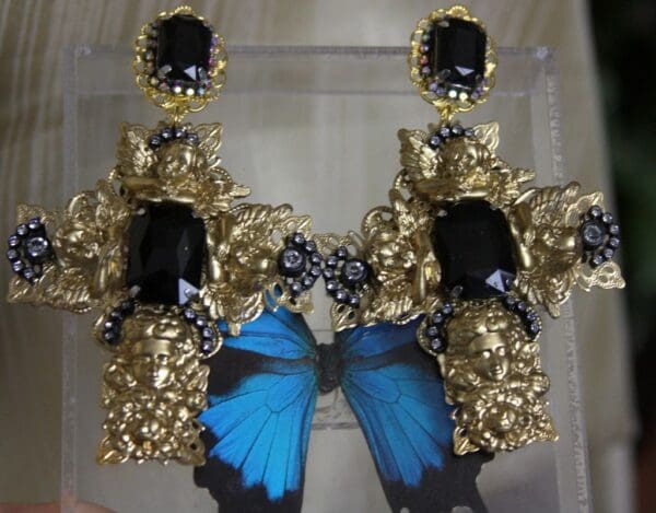 SOLD! 1505 Alta Moda 2016 Huge Filigree Cross Cherub Crystal Earrings Studs - Image 5