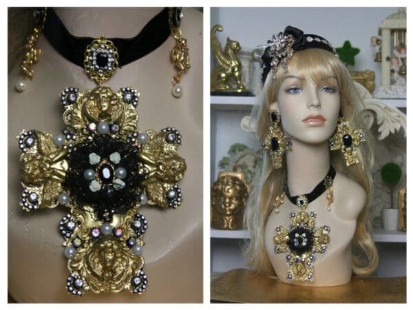 SOLD! 1497 Total Baroque Huge Cherub Black Lace Cross Choker