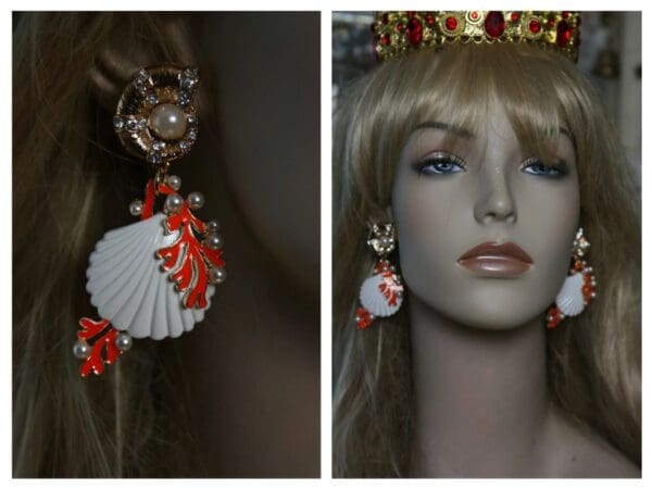 SOLD! 1513 Enamel Coral Shell Nautica Earrings