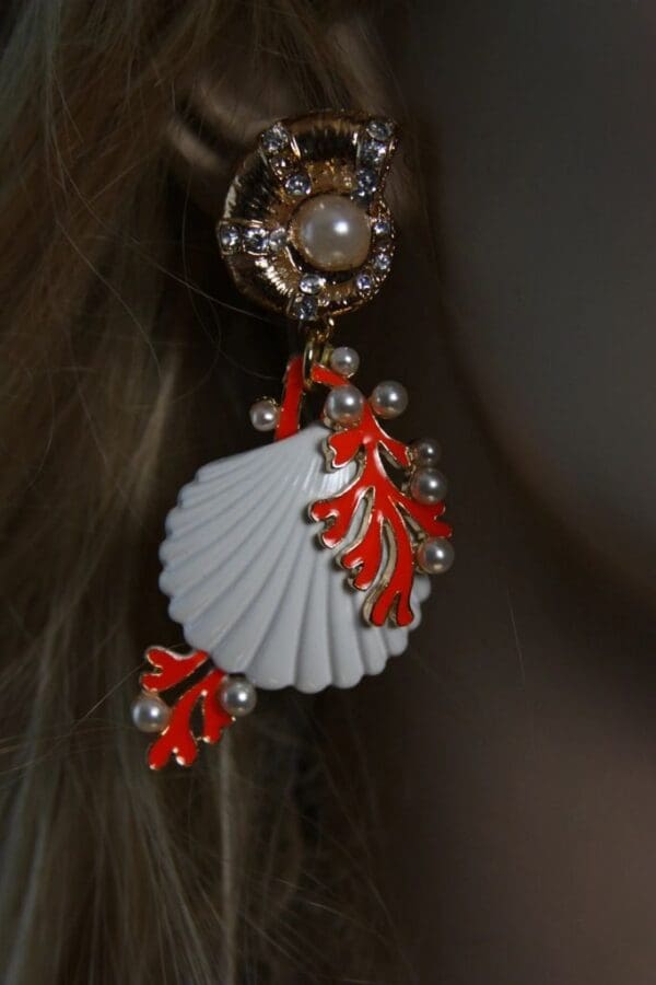 SOLD! 1513 Enamel Coral Shell Nautica Earrings - Image 3