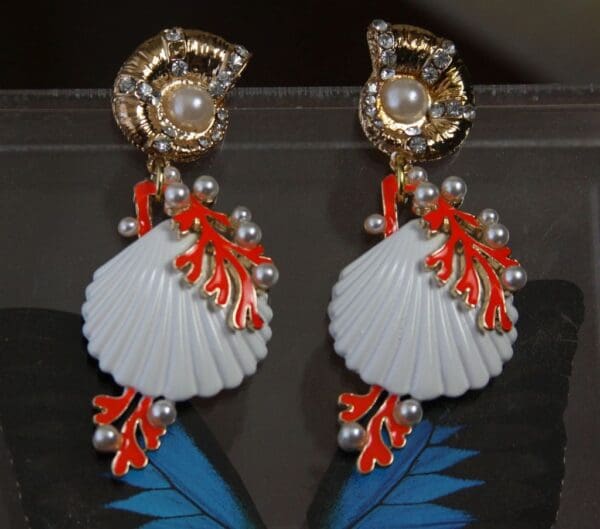 SOLD! 1513 Enamel Coral Shell Nautica Earrings - Image 2