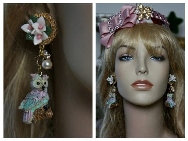 SOLD! 1514 3D Effect Vivid Owl Flower Studs Earrings