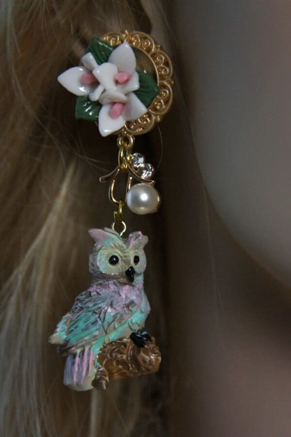 SOLD! 1514 3D Effect Vivid Owl Flower Studs Earrings - Image 7