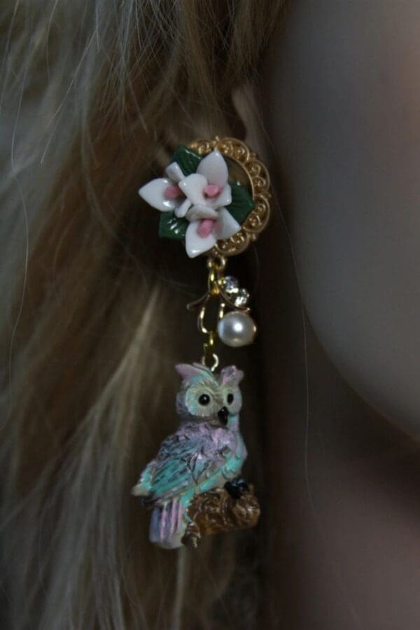 SOLD! 1514 3D Effect Vivid Owl Flower Studs Earrings - Image 3