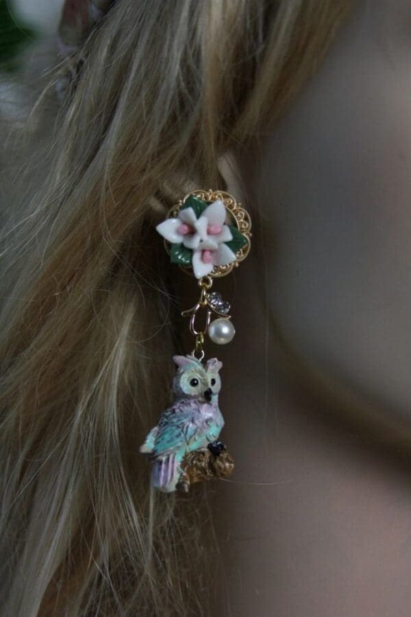 SOLD! 1514 3D Effect Vivid Owl Flower Studs Earrings - Image 6