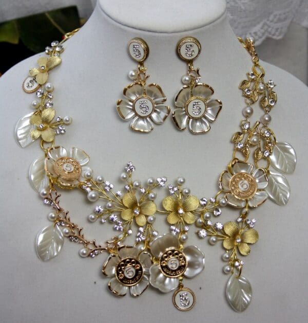 SOLD!1519 SET Coco Enamel Crystal Garden Lace Statement Necklace + Earrings - Image 9