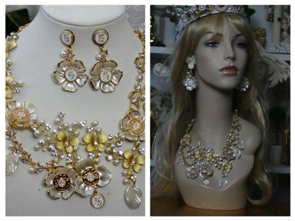 SOLD!1519 SET Coco Enamel Crystal Garden Lace Statement Necklace + Earrings - Image 2