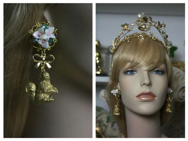SOLD! 1541 Designer Inspired Baroque Gold Squirrel Flower Studs