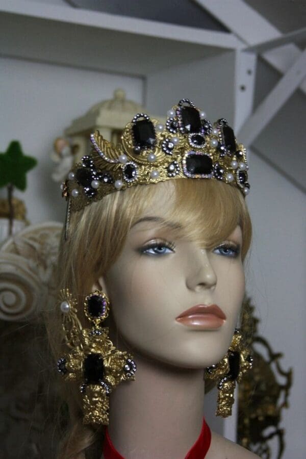 SOLD!1544 Total Baroque Rococo Black Crystal Crown Tiara - Image 9