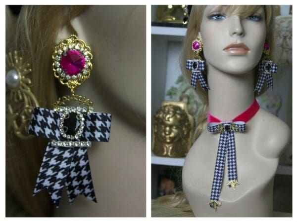 SOLD! 1547 Trendy Designer Inspired Houndstooth BroochCrystal Studs