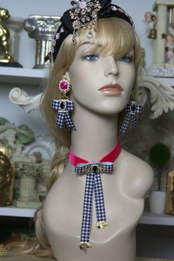 1548 Houndstooth Designer Inspired Crystal Velvet Choker - Image 5
