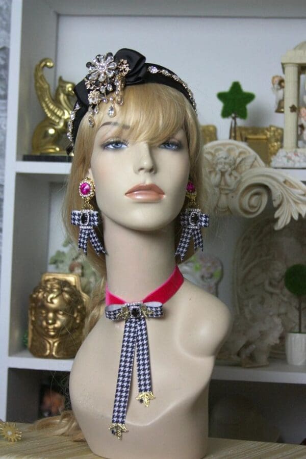 1548 Houndstooth Designer Inspired Crystal Velvet Choker - Image 7